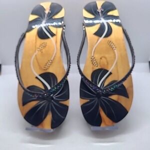 Wooden Hibiscus Floral Platform Flip Flop Sandals Women 8 Black Sequin Tropical
